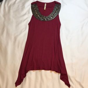 Yag Burgundy extra long tank top with gorgeous bead detail!